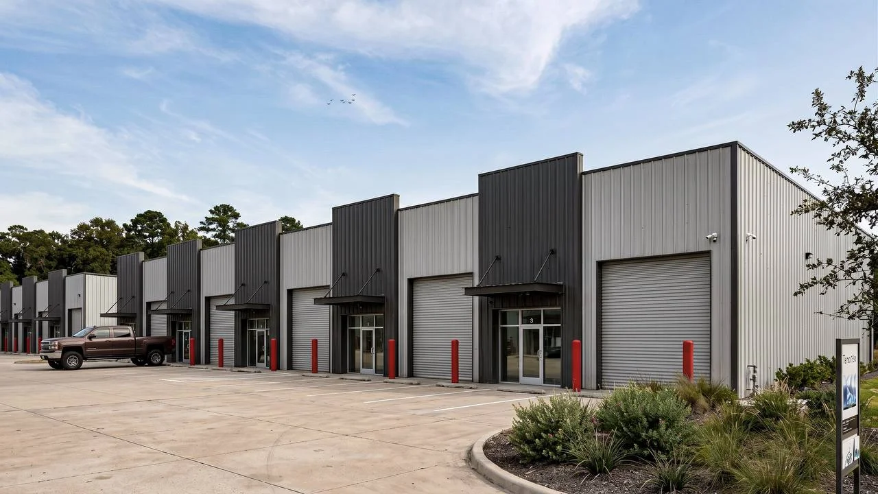 Bammel North Business Park Phase 1 render — street-level entry view of the small-bay suites