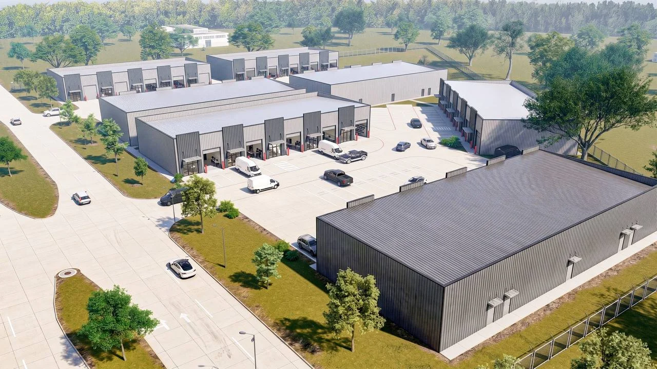 Bammel North Phase 1 aerial render — two buildings with parking, site plan